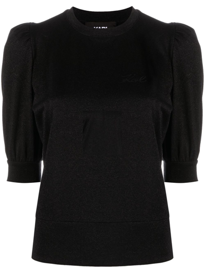 Karl Lagerfeld Half-sleeved Lurex Top In Black