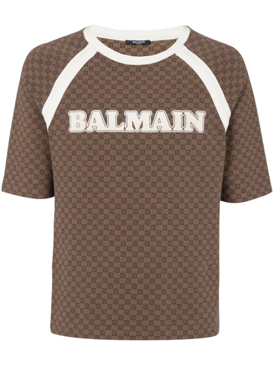 Balmain Retro Mini Monogram-print T-shirt In Brown