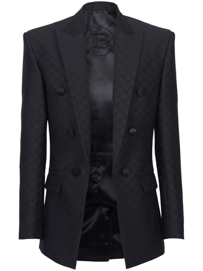 Balmain Mini Monogram-print Satin Blazer In Black