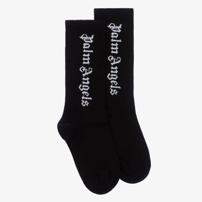 Palm Angels Kids' Logo Jacquard Cotton Blend Knit Socks In Black