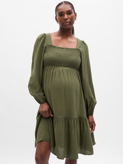 Gap Maternity Smocked Midi Dress In Olive Green