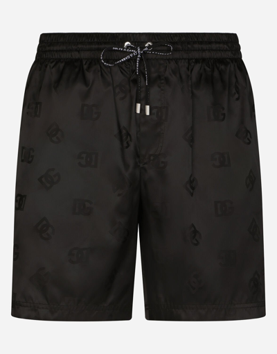 Dolce & Gabbana Mid-length Swim Trunks With Jacquard Dg Monogram In Black