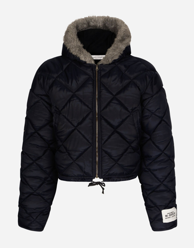 Dolce & Gabbana Quilted Canvas Jacket With Hood In Blue