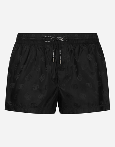 Dolce & Gabbana Short Swim Trunks With Jacquard Dg Monogram In Black