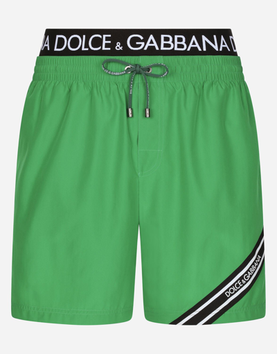 Dolce & Gabbana Mid-length Swim Trunks With Branded Band In Green