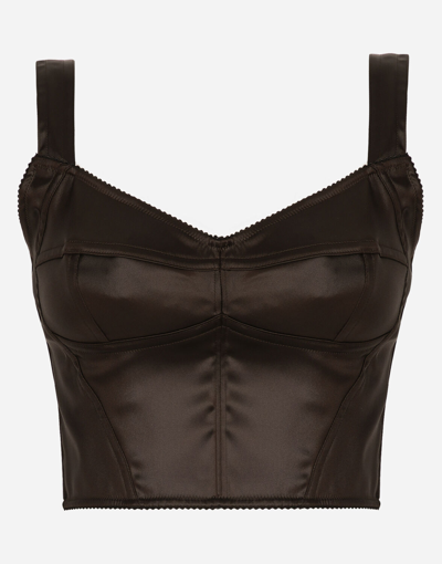 Dolce & Gabbana Shiny Satin Corset Top In Dark Brown