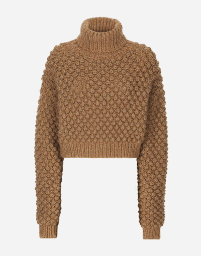 Dolce & Gabbana Hazelnut-stitch Alpaca Turtle-neck Sweater In Beige