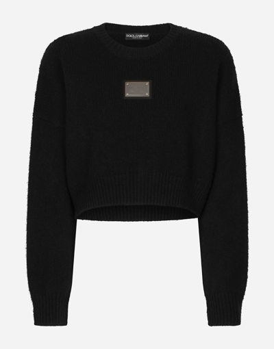 DOLCE & GABBANA WOOL AND CASHMERE ROUND-NECK SWEATER WITH LOGO TAG