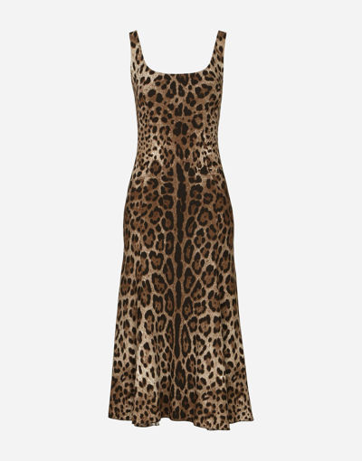 Dolce & Gabbana Leopard-print Calf-length Cady Dress In Brown