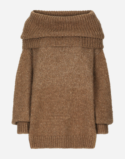 Dolce & Gabbana Oversize Llama Wool Jumper With Shawl Neck In Brown