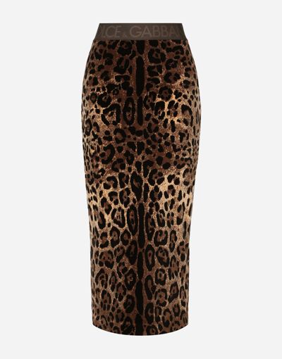 Dolce & Gabbana Chenille Calf-length Skirt With Jacquard Leopard Design In Multicolor