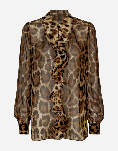 Dolce & Gabbana Leopard-print Chiffon Shirt With Ruches In Animal Print