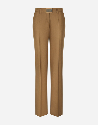 Dolce & Gabbana Flared Flannel Pants With Logo Tag In Beige