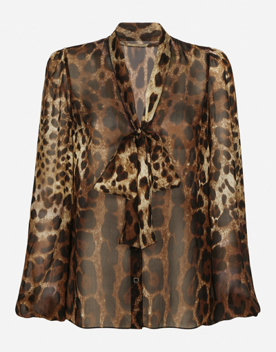 Dolce & Gabbana Leopard-print Chiffon Pussy-bow Shirt In Animal Print