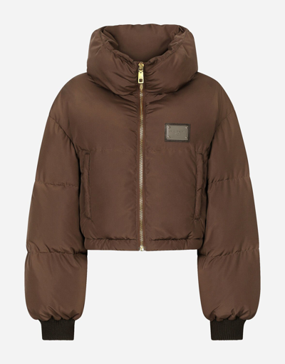 Dolce & Gabbana Short Padded Nylon Jacket With Logo Tag In Brown