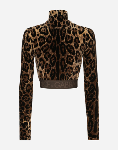 Dolce & Gabbana Chenille Turtle-neck Top With Jacquard Leopard Design In Multicolor