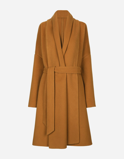 Dolce & Gabbana Belted Oversize Cashmere Wool Coat In Ochre
