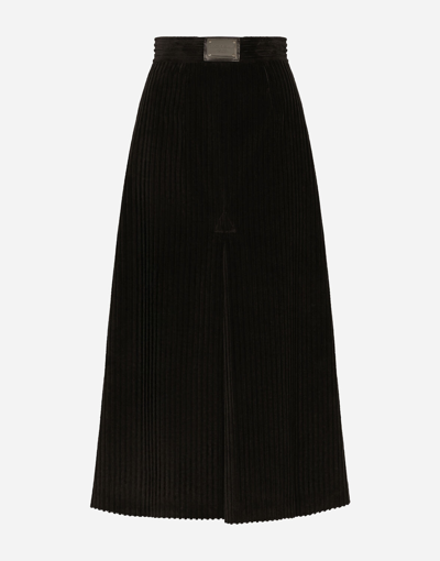 Dolce & Gabbana Long Corduroy A-line Skirt With Logo Tag In Brown