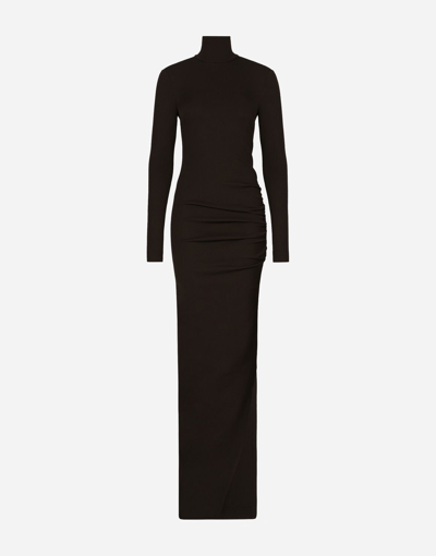 Dolce & Gabbana Long Jersey Milano Rib Dress In Brown