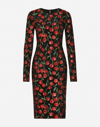 DOLCE & GABBANA CHERRY-PRINT JERSEY MIDI DRESS WITH FUSIBLE RHINESTONES