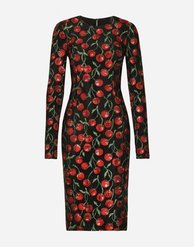 Dolce & Gabbana Rhinestone-embellished Cherry-print Midi Dress In Black