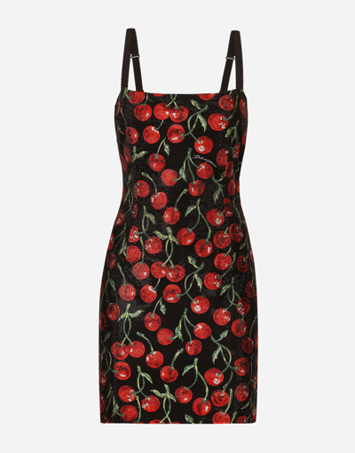 Dolce & Gabbana Cherry-print Jersey Minidress With Fusible Rhinestones In Multicolor