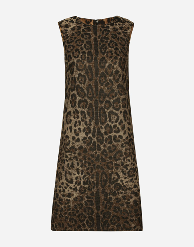 Dolce & Gabbana Wool Midi Dress With Jacquard Leopard Design In Multicolor