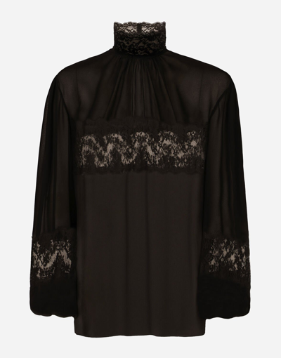 DOLCE & GABBANA GEORGETTE AND LACE TURTLE-NECK BLOUSE