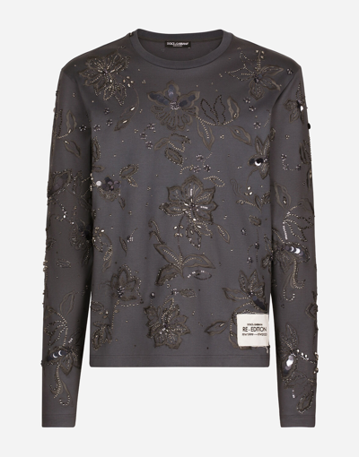 Dolce & Gabbana Cotton Interlock T-shirt With Embroidery In Grey