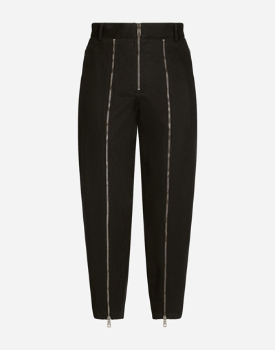Dolce & Gabbana Washed Stretch Gabardine Trousers With Zipper In Black