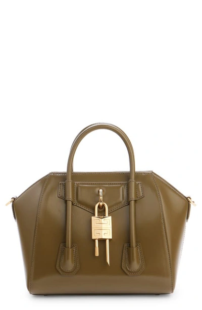 Givenchy Mini Antigona Lock Top-handle Bag In Leather In Dark Khaki
