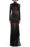TOM FORD LONG SLEEVE FLORAL LACE & STRETCH SATIN GOWN