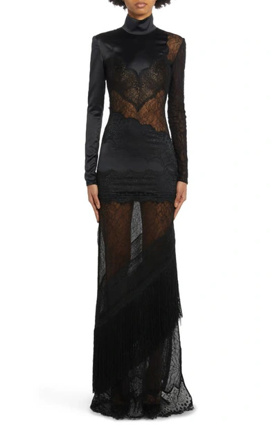 Tom Ford Mock Neck Lace Patchwork Gown In Black