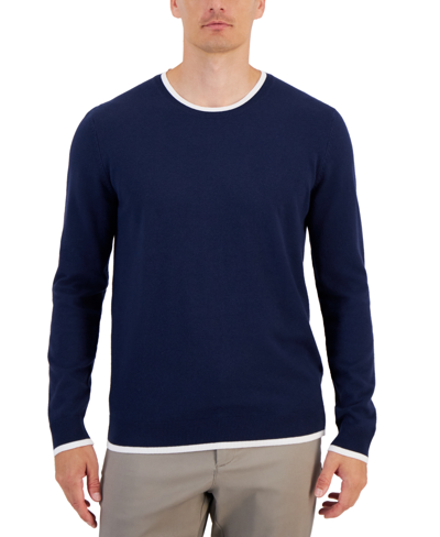 Alfani Men's Contrast Edge Crewneck Sweater, Created For Macy's In Neo Navy