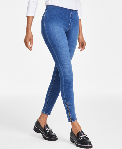 Inc International Concepts Petite Mid-rise Pull-on Side-zip Skinny Jeans, Created For Macy's In Medium Indigo