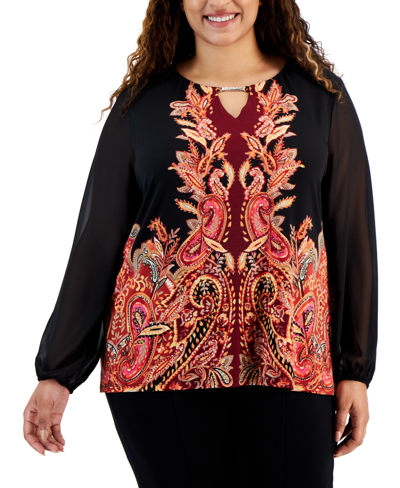 Jm Collection Plus Size Printed Chiffon-sleeve Embellished-neck Top, Created For Macy's In Deep Black Combo