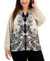 JM COLLECTION PLUS SIZE PRINTED CHIFFON-SLEEVE EMBELLISHED-NECK TOP, CREATED FOR MACY'S