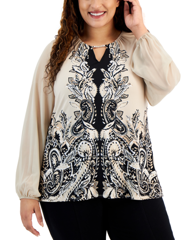 Jm Collection Plus Size Printed Chiffon-sleeve Embellished-neck Top, Created For Macy's In Stone