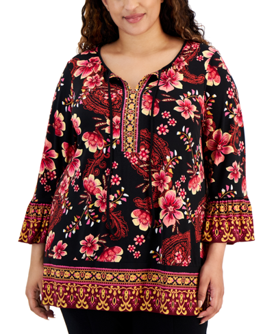 Jm Collection Plus Size Printed Embellished Tunic Top, Created For Macy's In Deep Black Combo