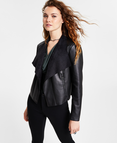 Bar Iii Women's Faux-leather Flyaway Jacket, Created For Macy's In Deep Black