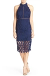 Bardot Gemma Halter Lace Sheath Dress In Blue Ink