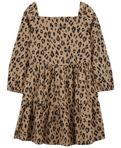 Carter's Big Girls Leopard Long Sleeve Twill Dress In Brown