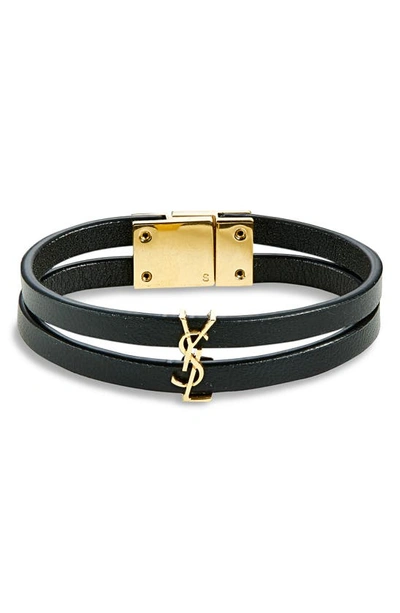 Saint Laurent Cassandre Double-row Leather Bracelet In Black/ Age Gold