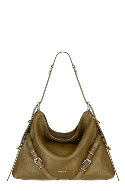 Givenchy Medium Voyou Buckle Shoulder Bag In Tumbled Leather In Dark Khaki