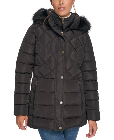 Tommy Hilfiger Women's Petite Bibbed Faux-fur-trim Hooded Puffer Coat, Created For Macy's In Black