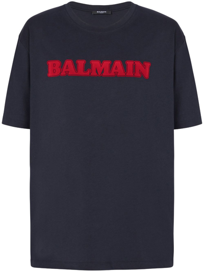 Balmain Flocked Logo-print T-shirt In Blue