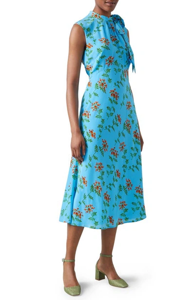 Lk Bennett Vali Norse Floral Tie Neck Silk Midi Dress In Blue