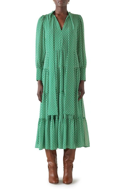 Lk Bennett Polly Polka Dot Tie Neck Long Sleeve Midi Dress In Green