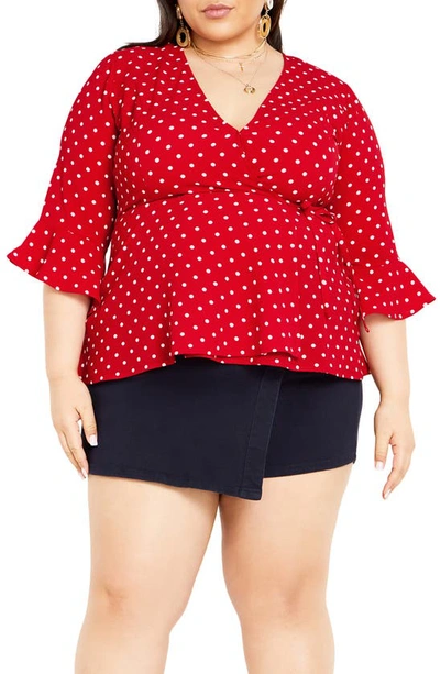 City Chic Fresh Spot Wrap Top In Tango Red Spot