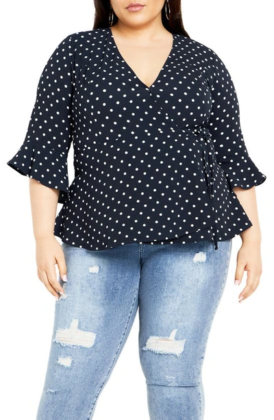 City Chic Fresh Spot Wrap Top In Navy Spot